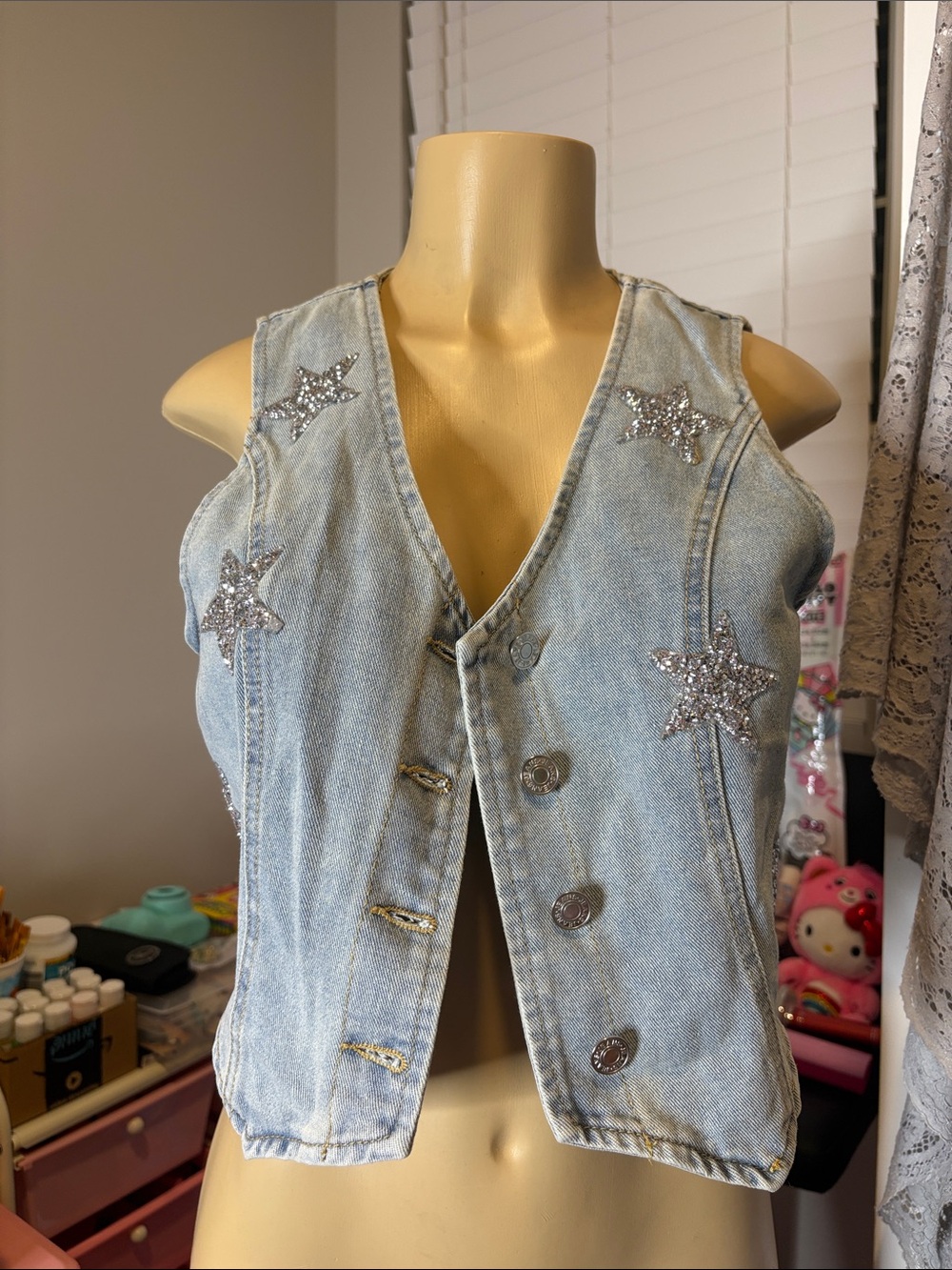 SHEIN Light Blue Denim Vest with Silver Star Sequin Accents